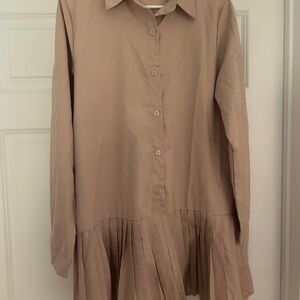 Tan Pleated Long Sleeve Shirt Dress
